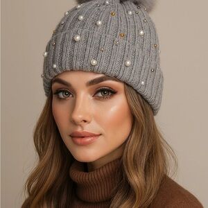 Pearl-Embellished Gray Knit Pom Beanie